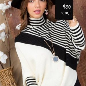 Top Style Black And White Stripe Mock Neck Sweater